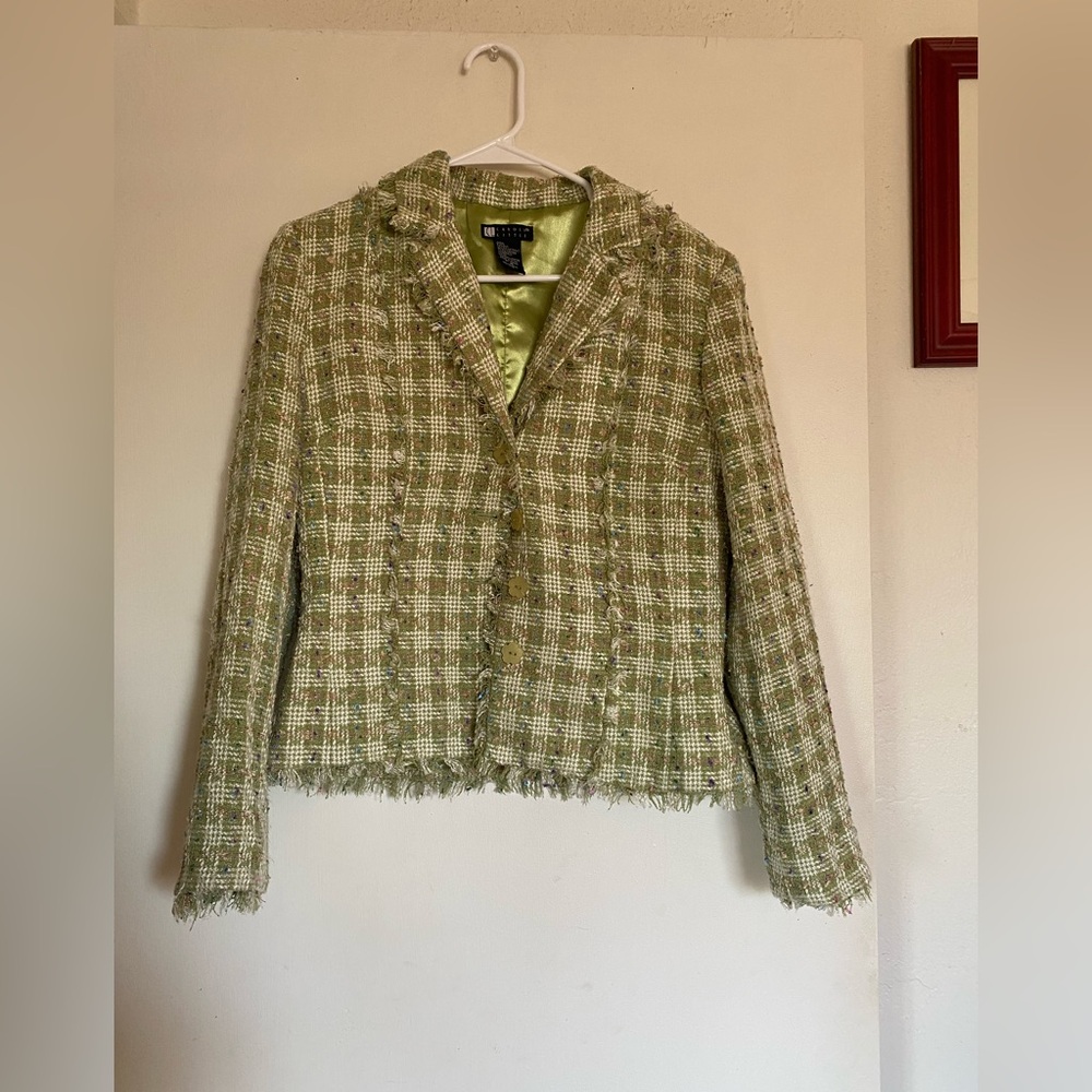 Carole Little Tweed Blazer Green Fringe Lapel Collar Lined Floral Button Size M